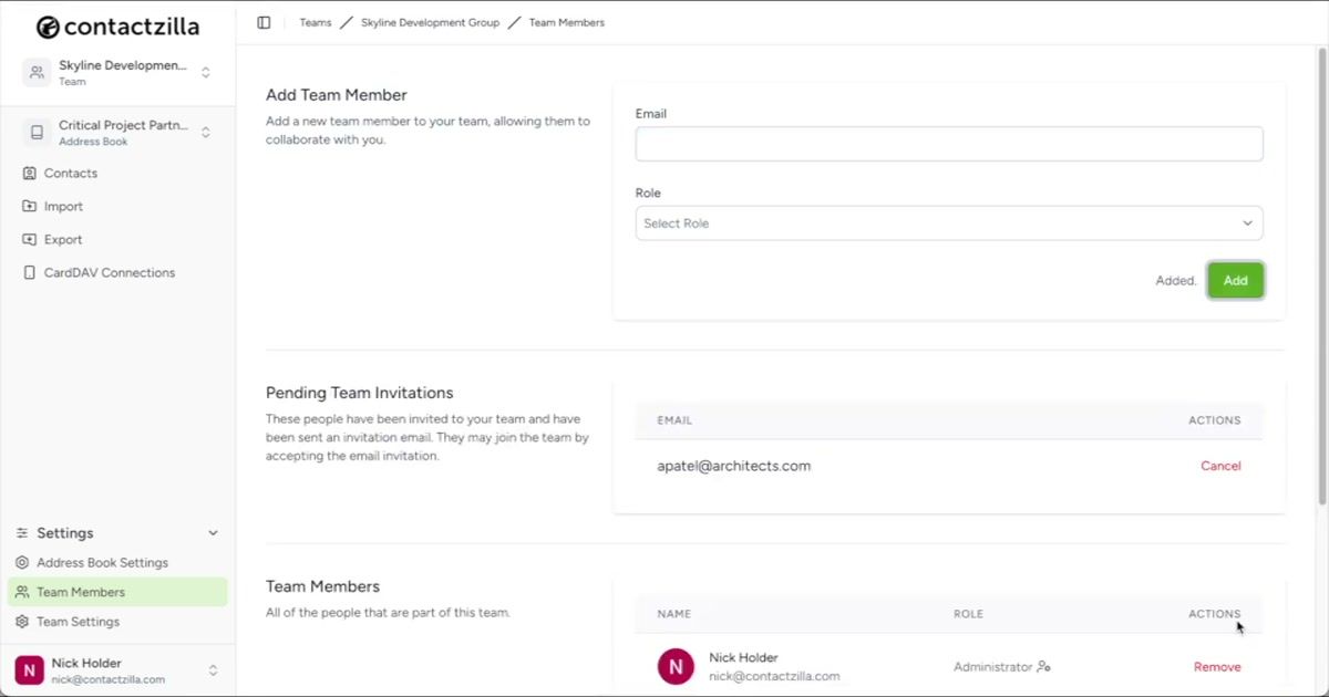 Confirmation screen after adding Aisha Patel to the team with access to Critical Project Partners