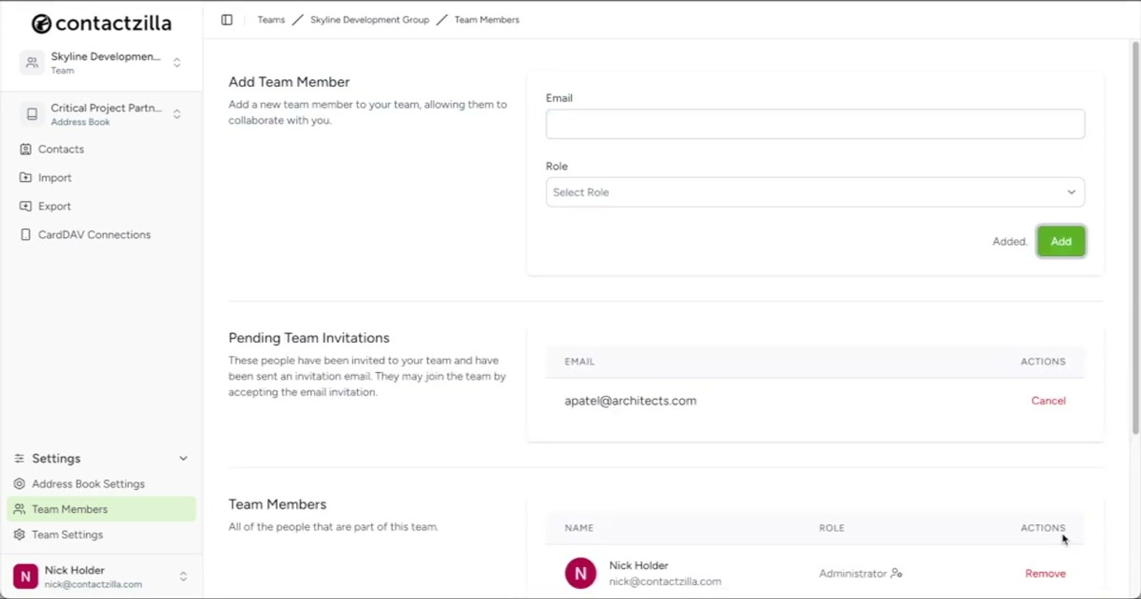 Confirmation screen after adding Aisha Patel to the team with access to Critical Project Partners