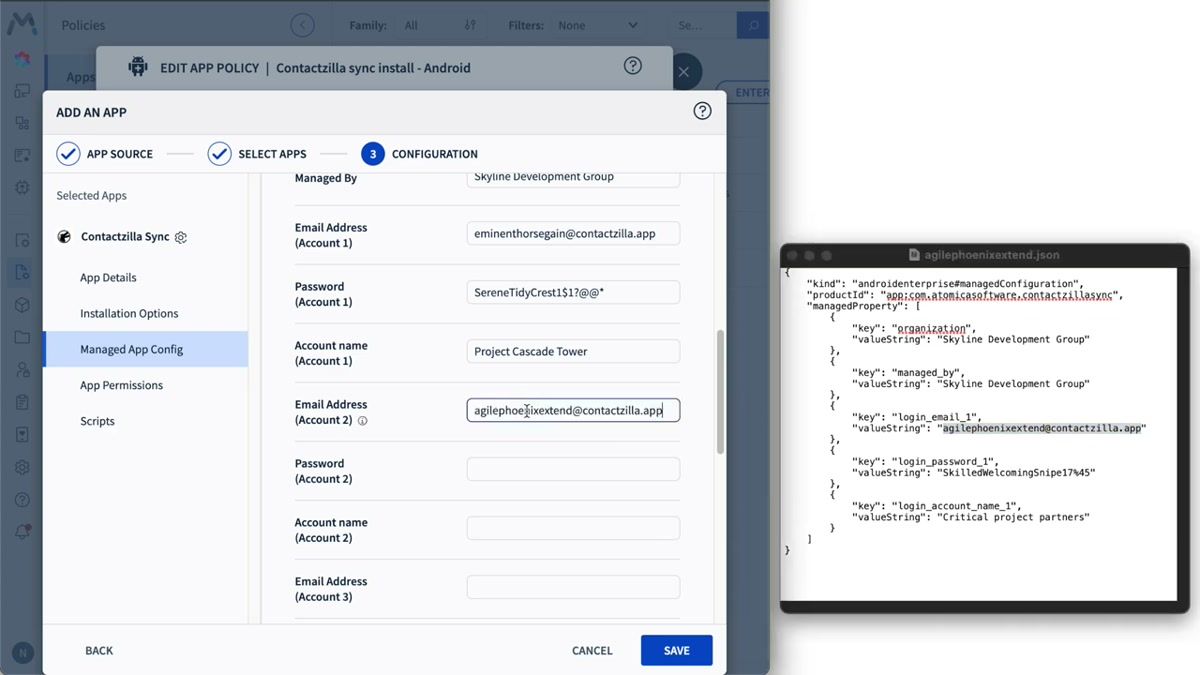 Android device showing the Contactzilla Sync app with Project Cascade Tower address book synced and contacts visible in the native contacts app