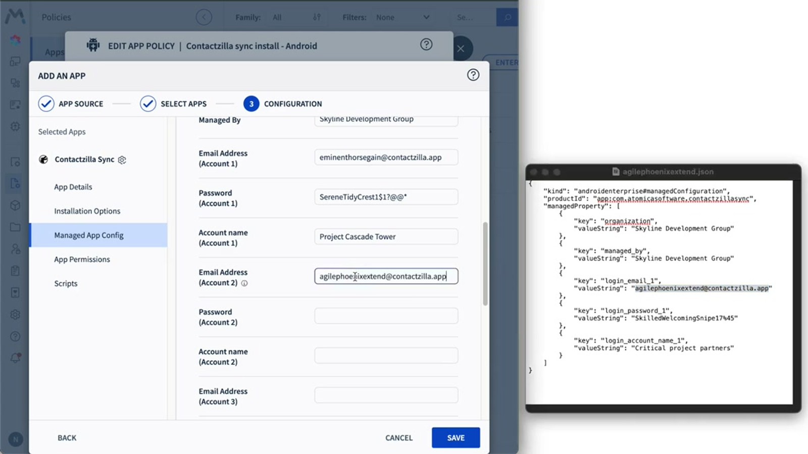 Android device showing the Contactzilla Sync app with Project Cascade Tower address book synced and contacts visible in the native contacts app