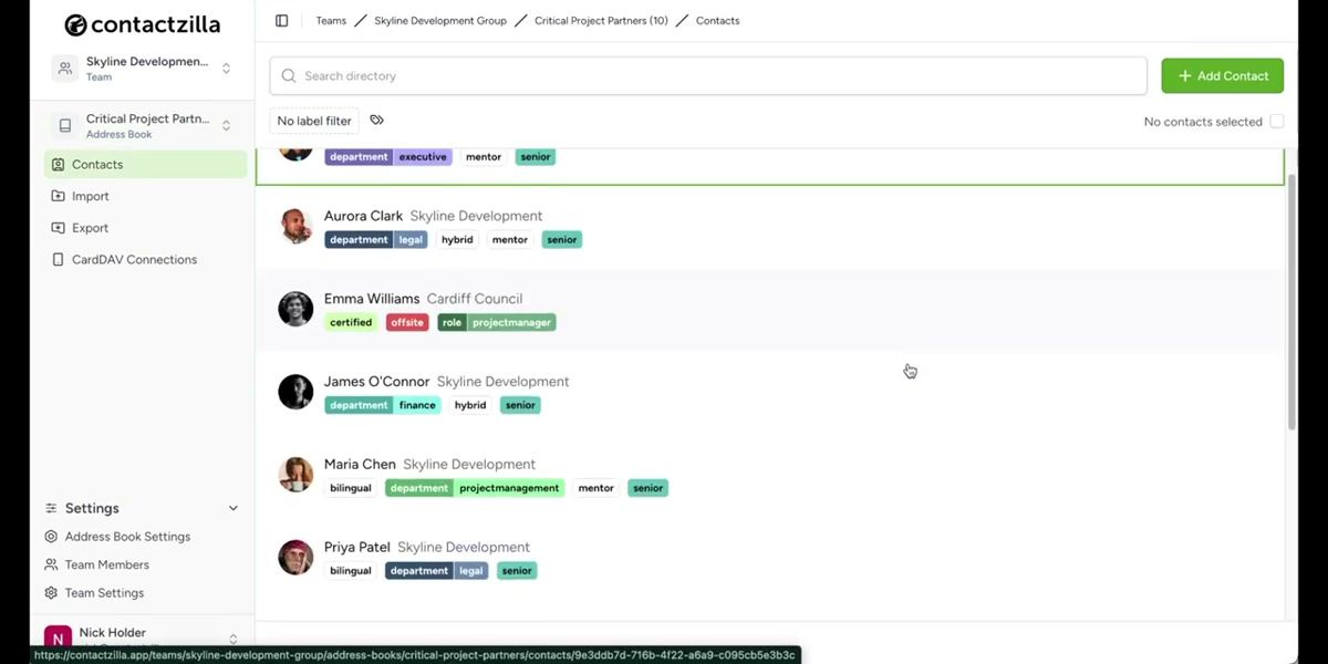 Contactzilla team view showing address books for internal staff and critical partners