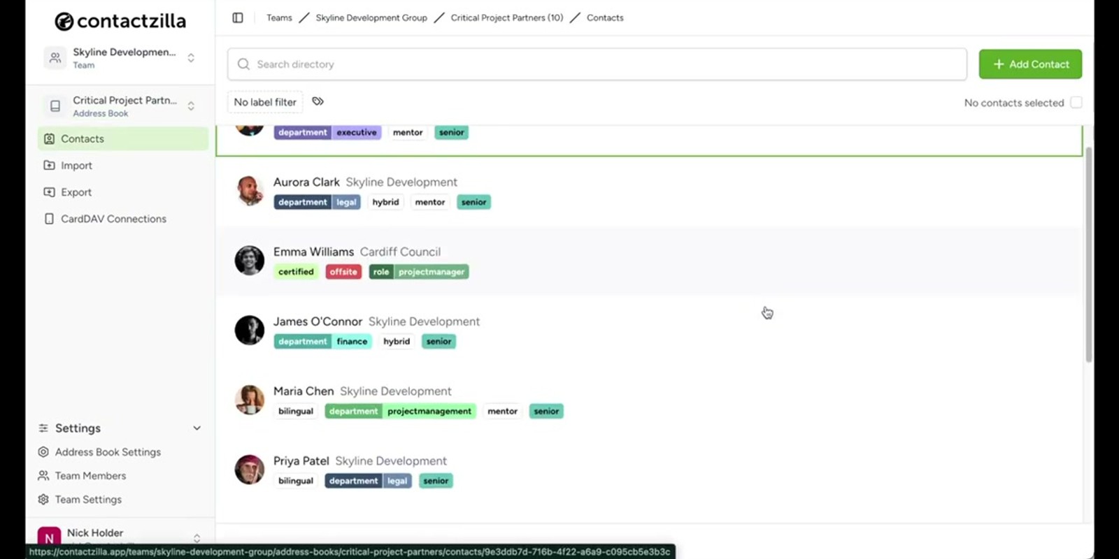 Contactzilla team view showing address books for internal staff and critical partners