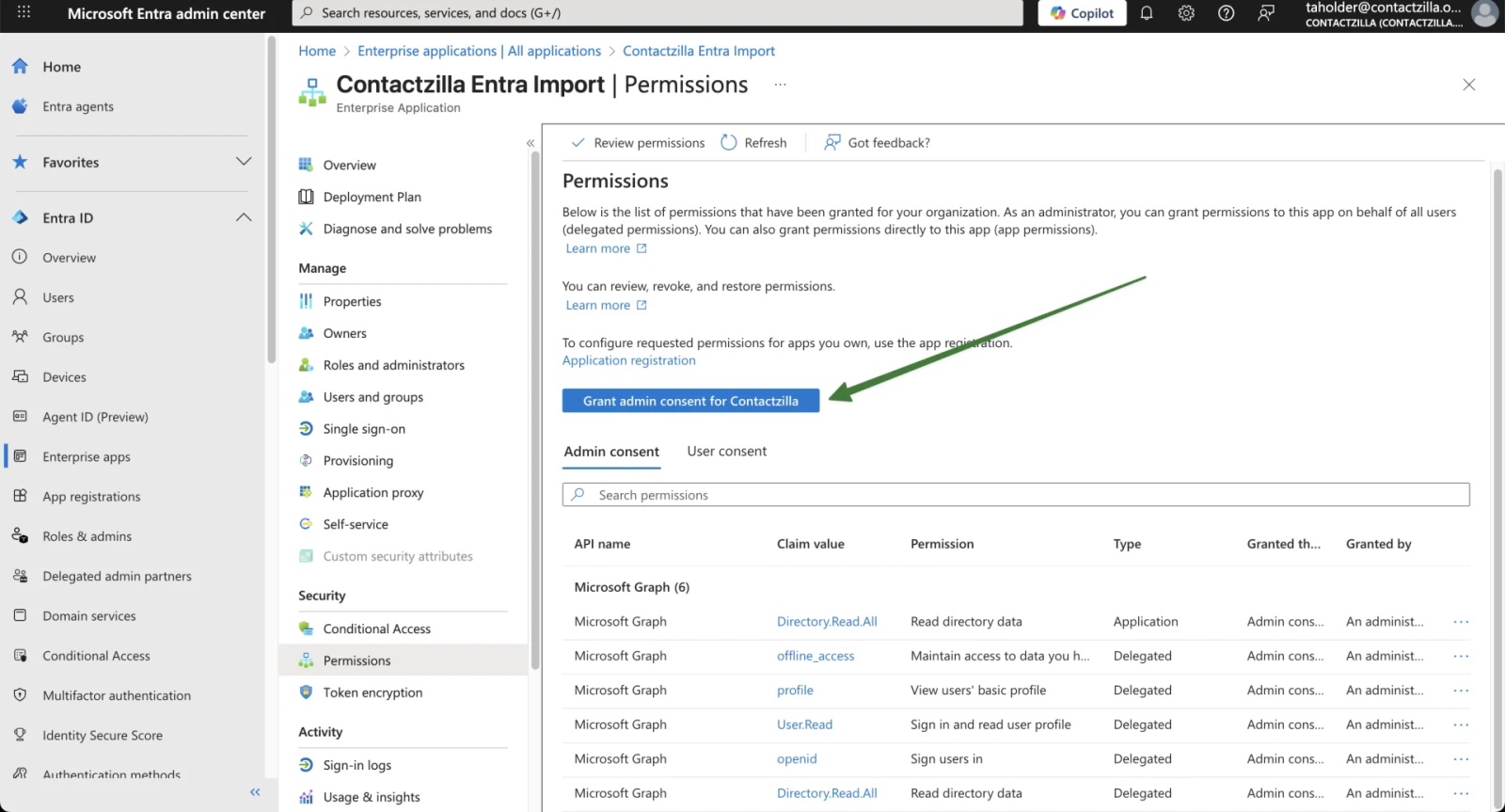 Grant admin consent for Contactzilla Entra Import permissions in Microsoft Entra admin center