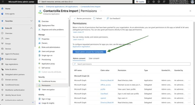 Grant admin consent for Contactzilla Entra Import permissions in Microsoft Entra admin center