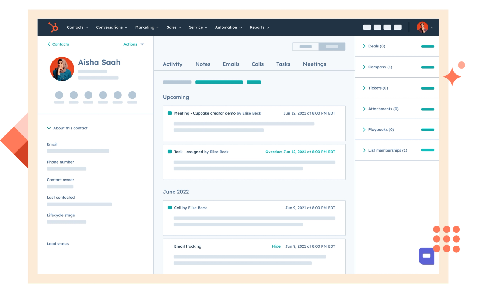 Hubspot CRM showing a particular contact with multiple tabs and menus visible.