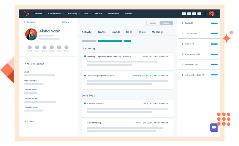 Hubspot CRM showing a particular contact with multiple tabs and menus visible.