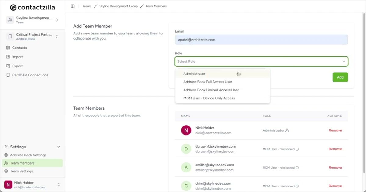 Address book selection screen showing three books with only Critical Project Partners selected