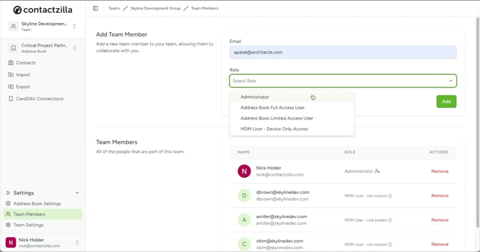 Address book selection screen showing three books with only Critical Project Partners selected