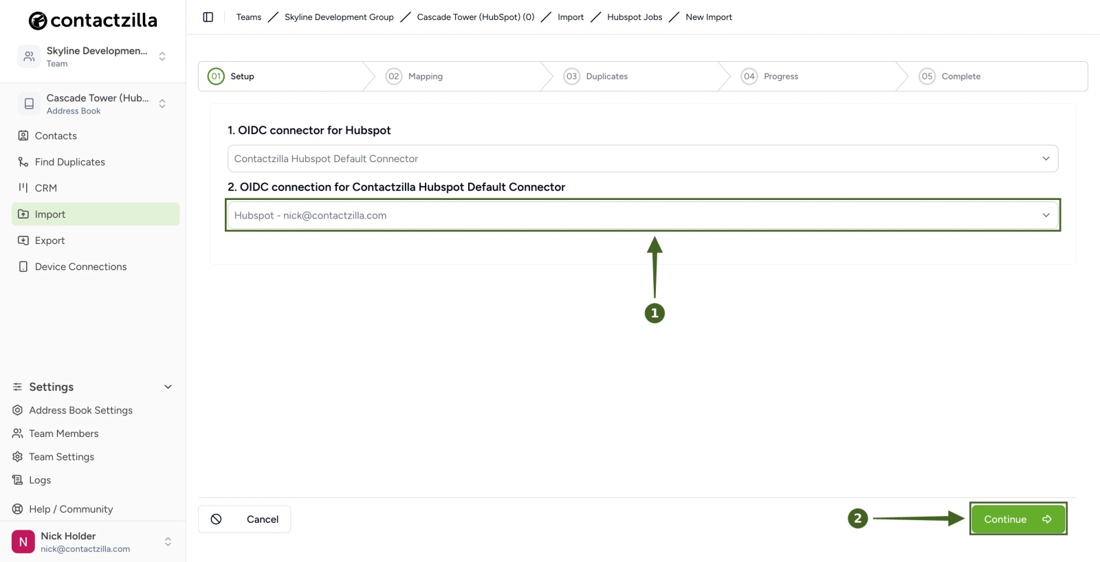 Contactzilla HubSpot import setup with the new HubSpot connection selected and the Continue button highlighted