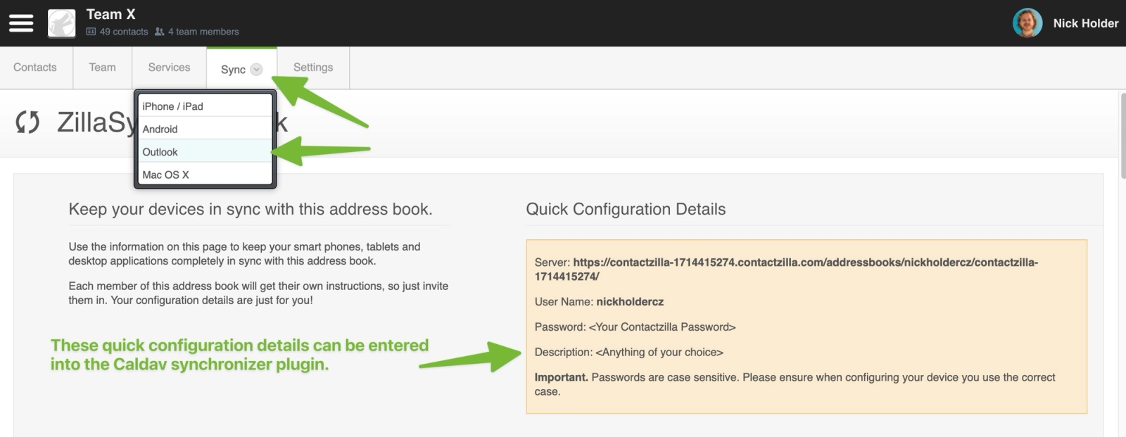 COntactzilla + Caldav syn text shown with happy faces showing successful syncing.