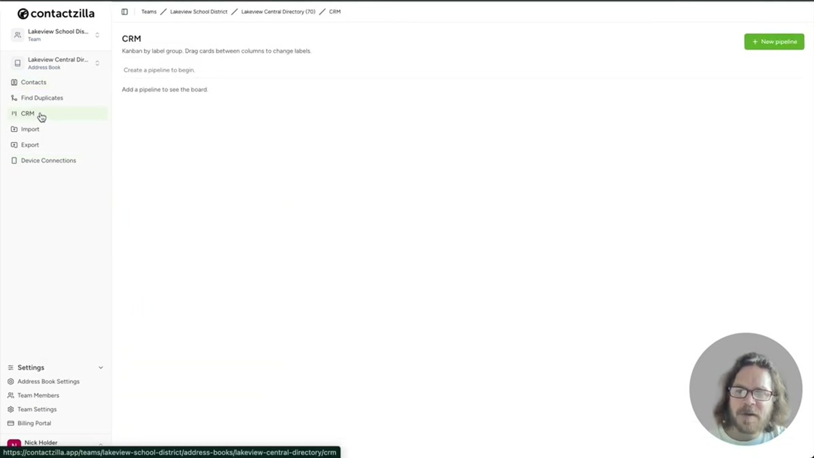 Creating a new pipeline named External Onboarding in Contactzilla CRM view