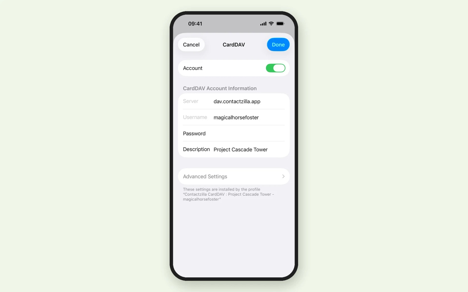 iPhone CardDAV account settings for the Project Cascade Tower address book, server dav.contactzilla.app, installed by a Contactzilla profile.
