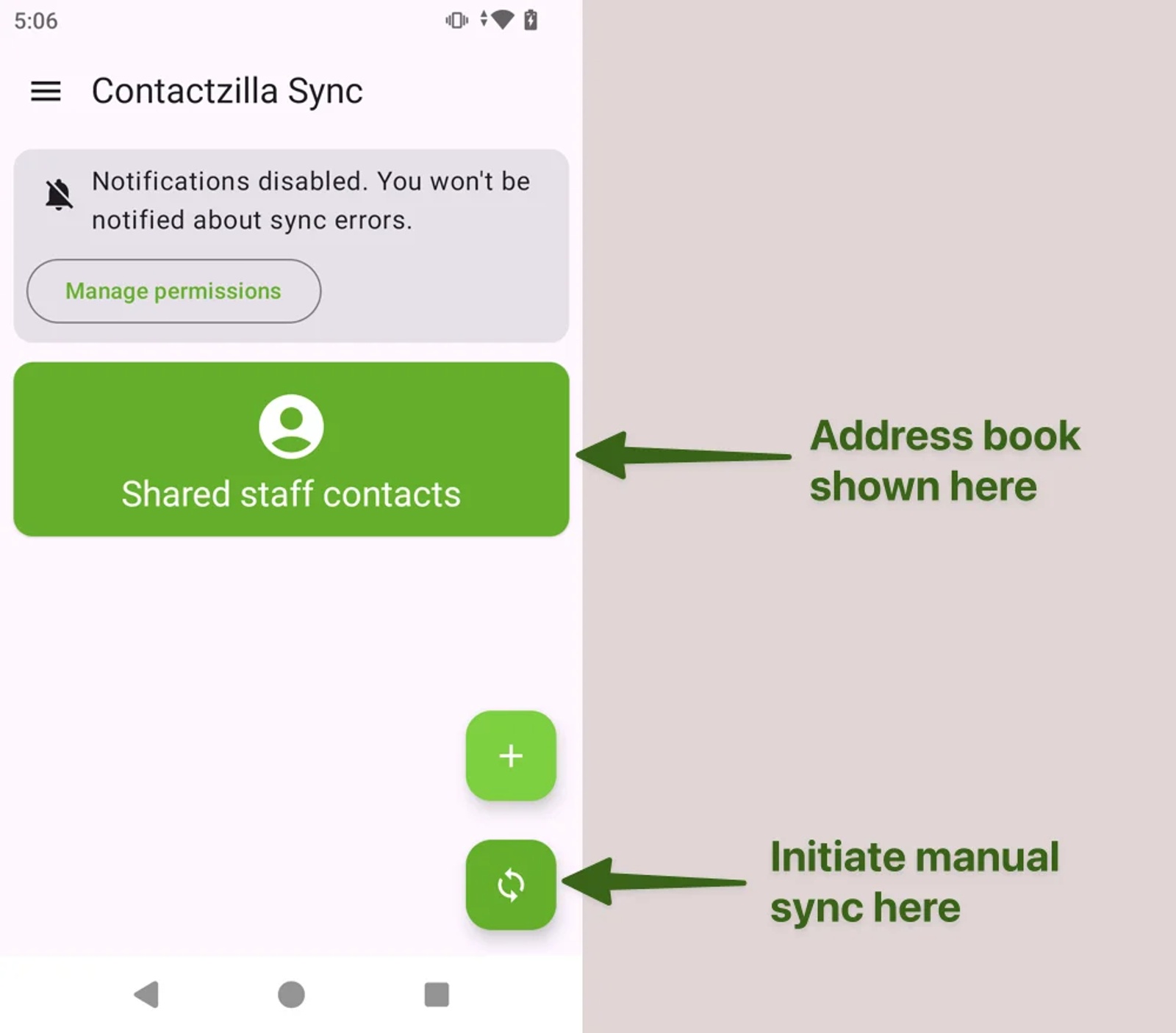 Contactzilla Sync on an Android phone after its first launch, showing the company address book and the manual sync button