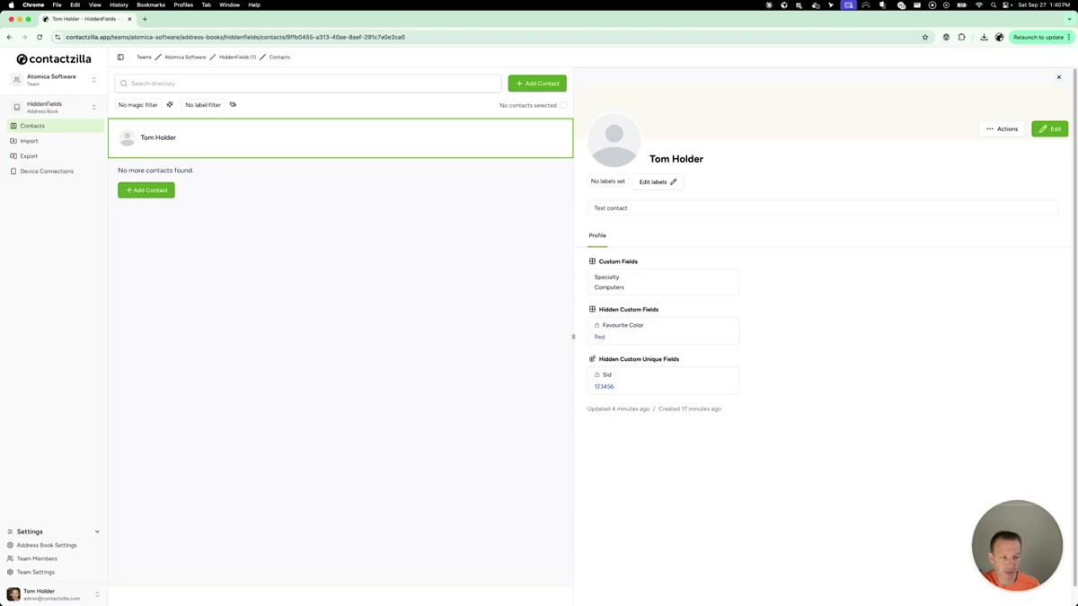 Mac Contacts app showing a synced contact with Specialty field visible but no hidden fields present
