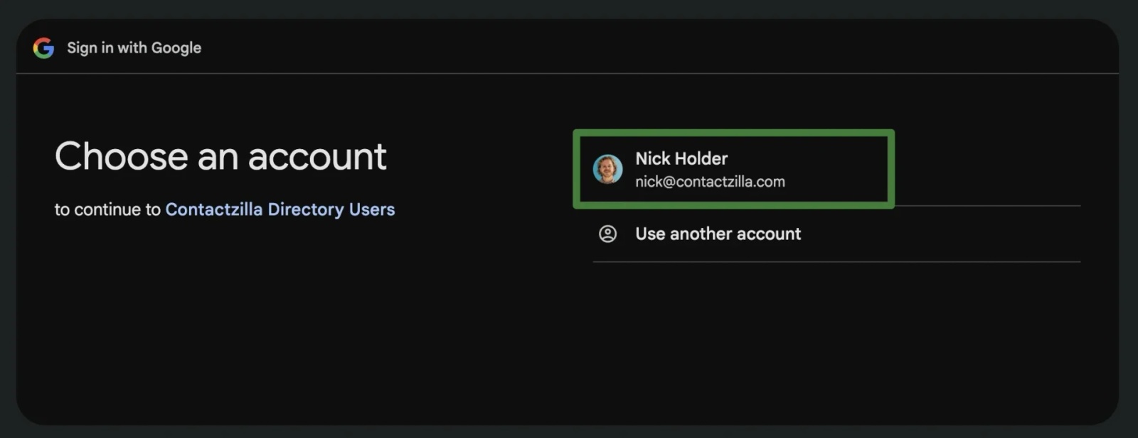 Google OAuth account selection screen prompting the user to choose a Google Workspace account to authenticate Contactzilla Directory Users.