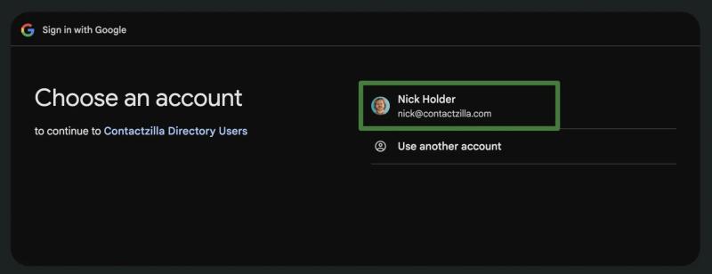 Google OAuth account selection screen prompting the user to choose a Google Workspace account to authenticate Contactzilla Directory Users.