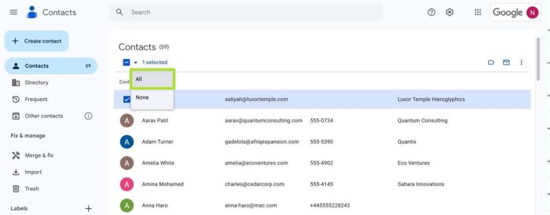 Selecting all contacts in Google Contacts.