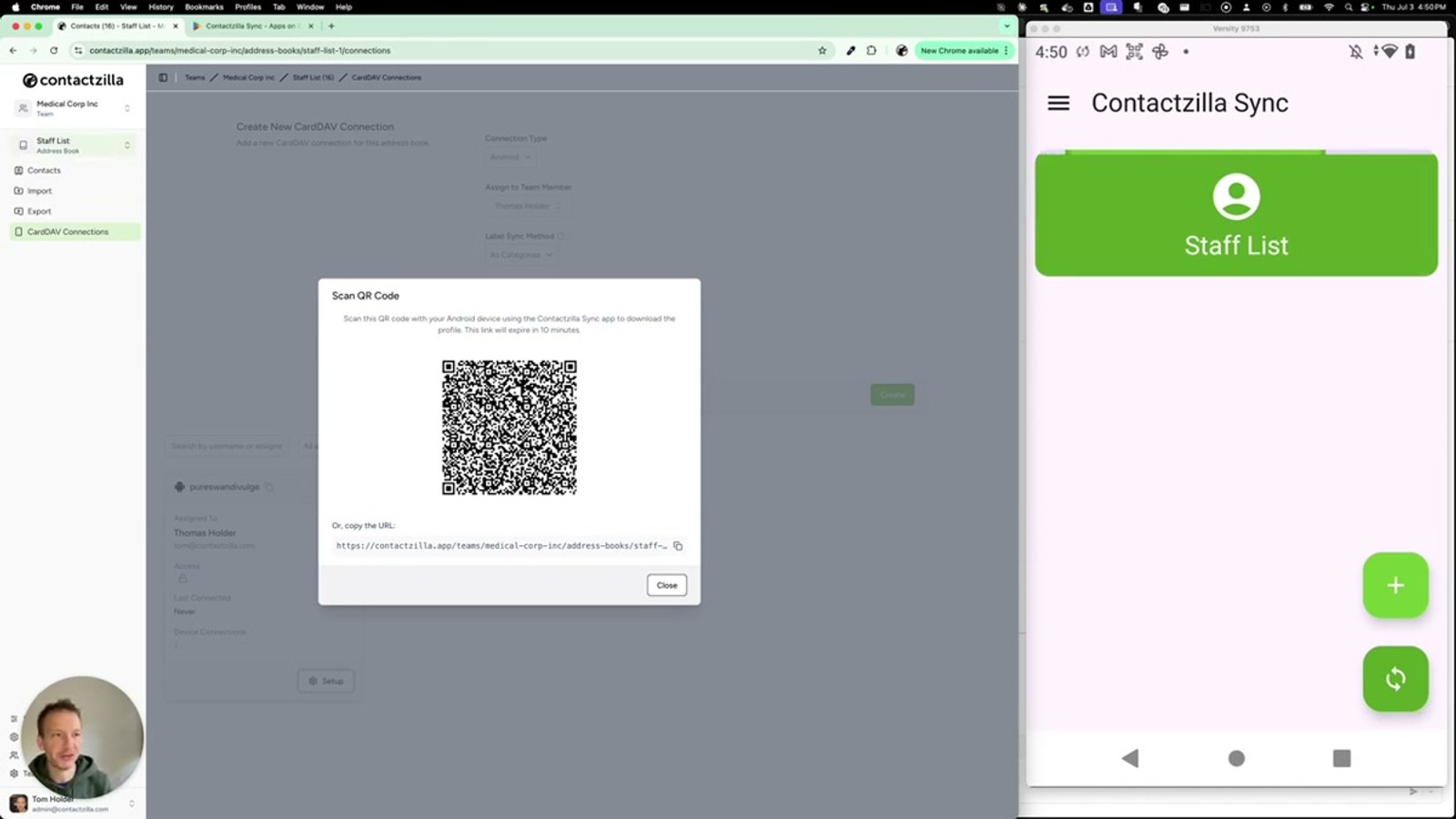 Contactzilla Sync app showing the Staffless address book synchronizing after QR code scan