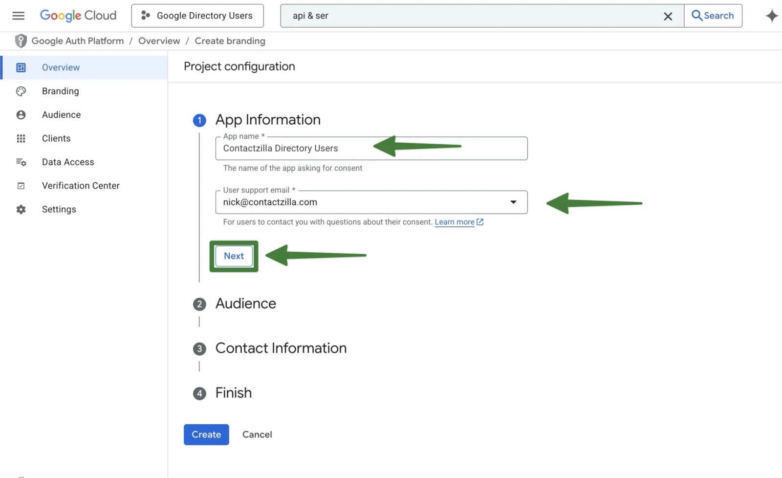 Google Cloud OAuth consent screen showing the App Information section with the app name and support email entered.