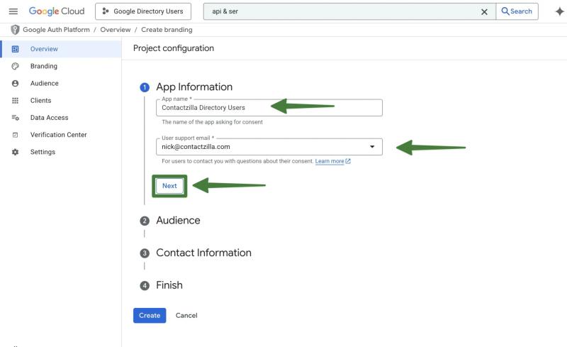 Google Cloud OAuth consent screen showing the App Information section with the app name and support email entered.