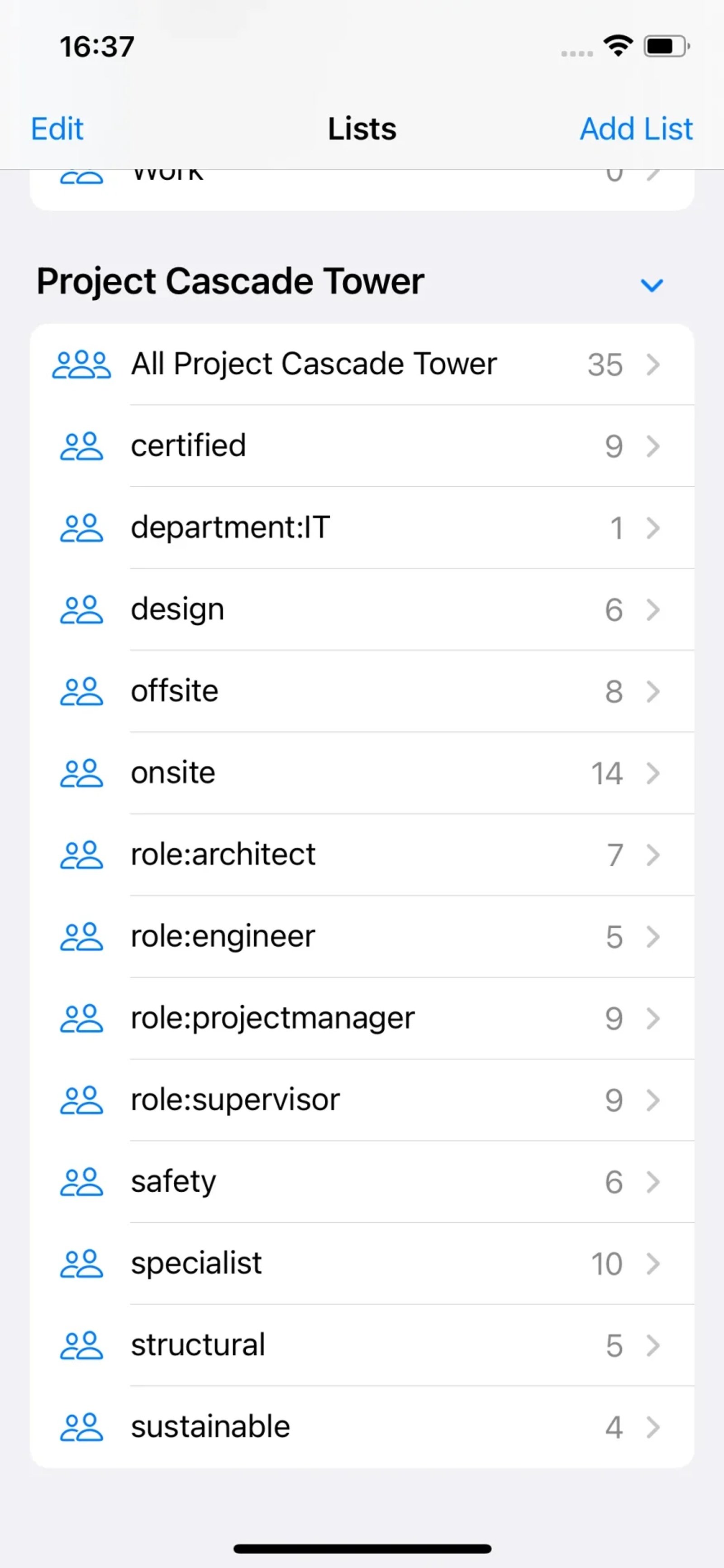 iPhone Contacts app showing Contactzilla address book (Project Cascade Tower) lists synced via Jamf Pro CardDAV deployment.