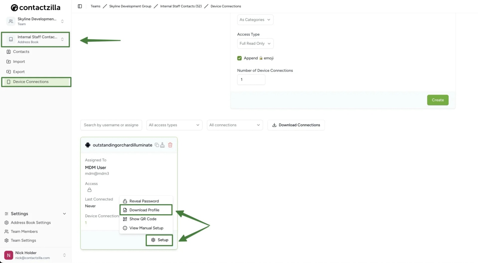 Contactzilla Device Connections for ‘Internal Staff Contacts’ with arrows to Setup and Download Profile (JSON) to export Android MDM config.