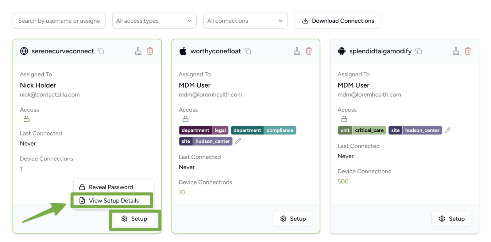 The CardDAV Connections overview in ContactZilla showing three connection cards. The leftmost card has the “Setup” button clicked, revealing options including “Reveal Password” and “View Setup Details,” which is highlighted. A green arrow points to the selected “View Setup Details” option.