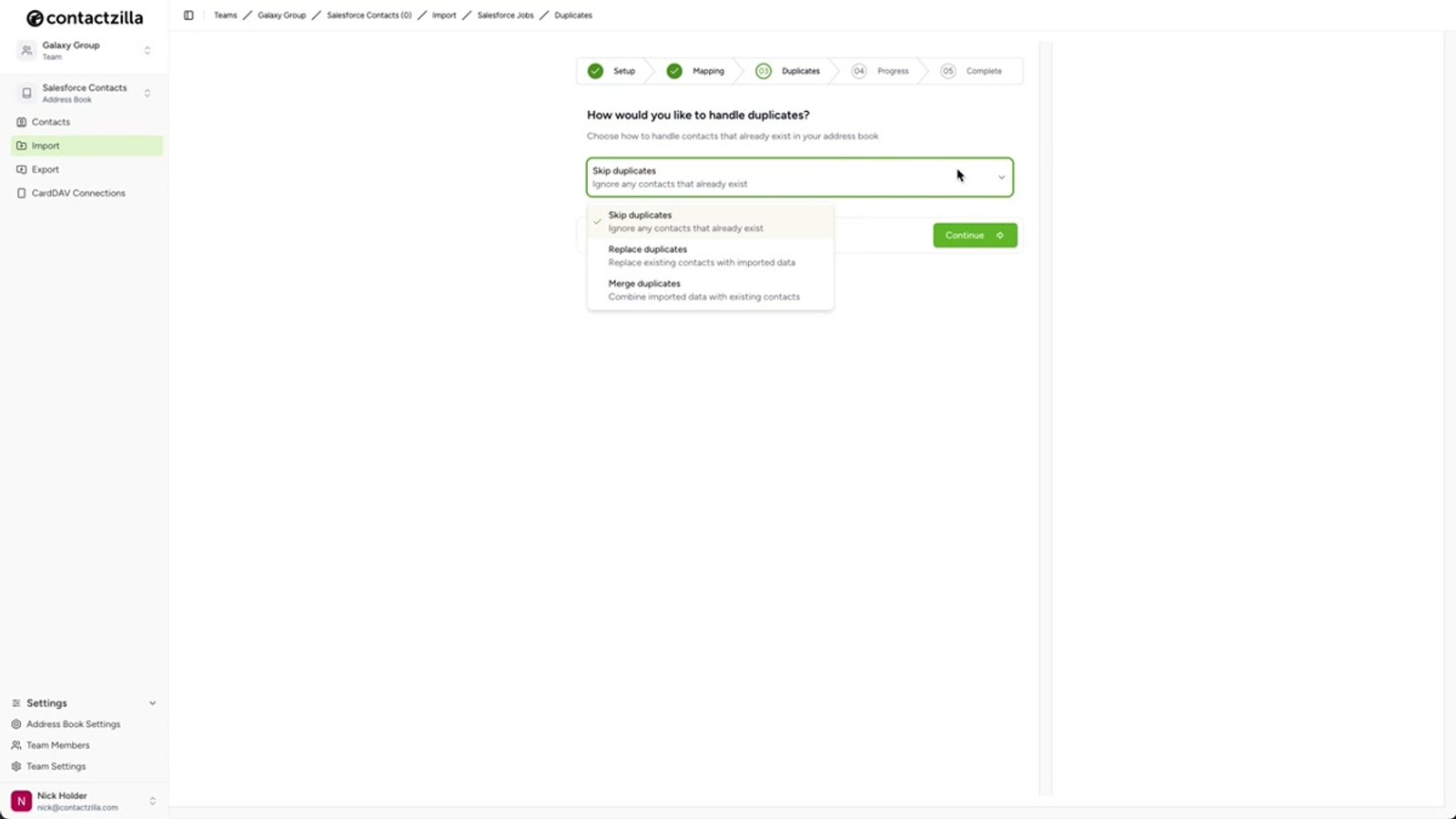 Field mapping interface showing the Salesforce ID being mapped to a custom unique field in Contactzilla