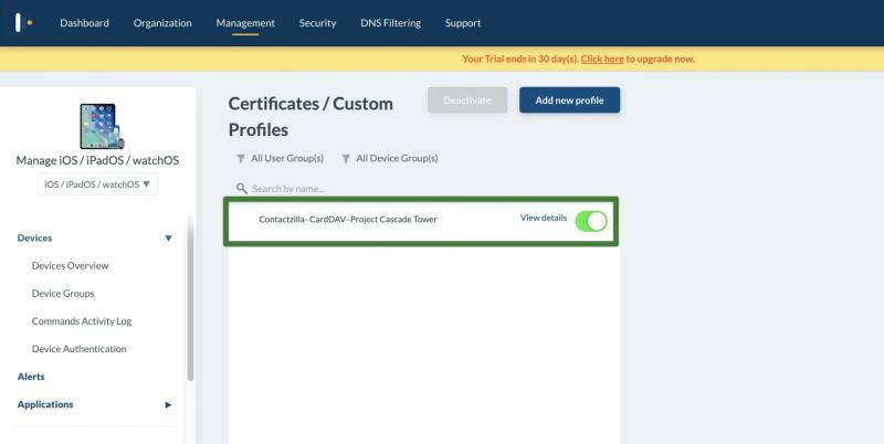 Active Contactzilla – CardDAV – Project Cascade Tower profile shown in Mosyle’s Certificates / Custom Profiles list.
