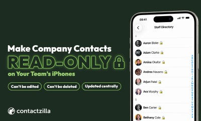 Make Company Contacts Read-Only on Your Team's iPhones: an iPhone showing a Staff Directory where every contact has a lock emoji