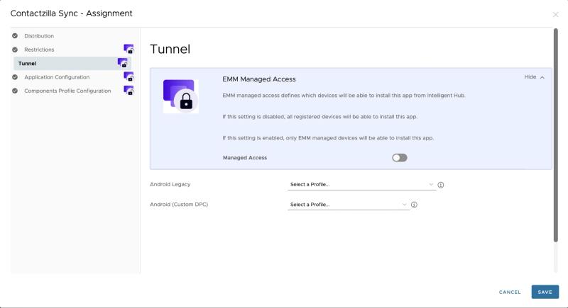 Workspace ONE Tunnel configuration screen for the Contactzilla Sync Android app showing optional VPN profiles.