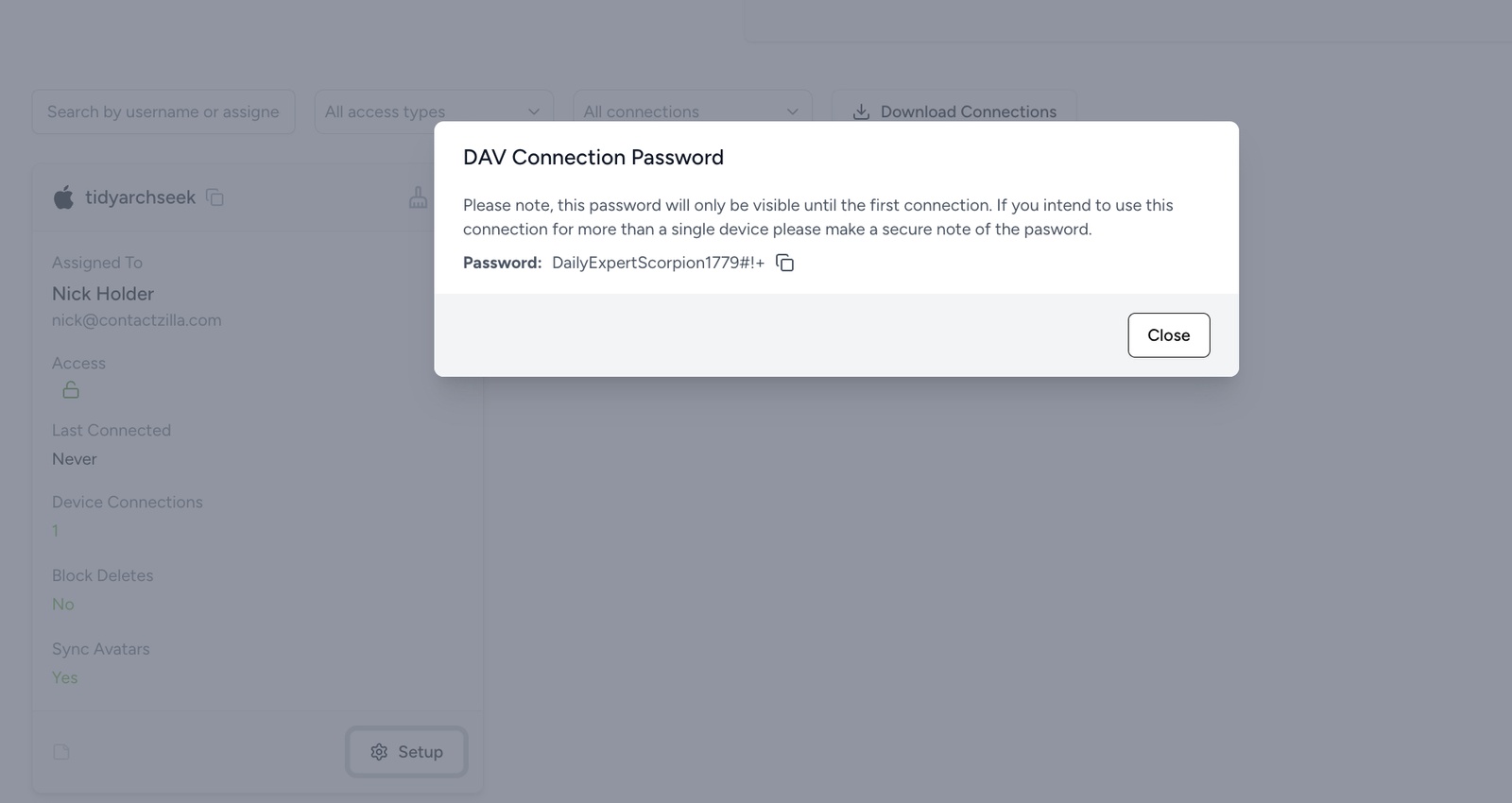 Contactzilla dashboard showing the generated CardDAV connection password and security message that the password is only visible until the first connection.