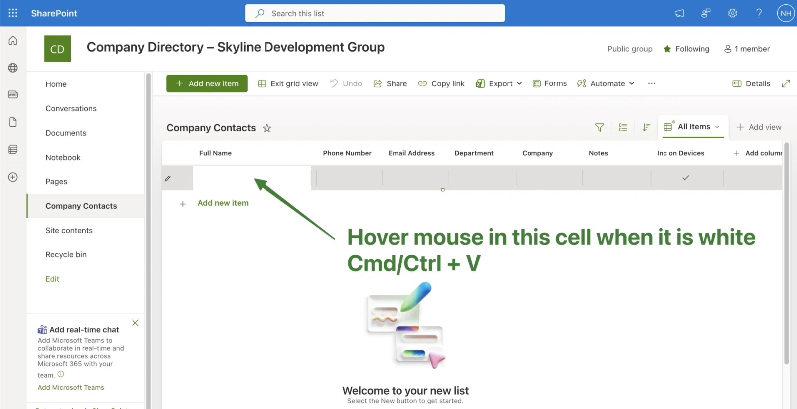 SharePoint create new list screen with Company Contacts entered as list name and Show list in site navigation checkbox enabled