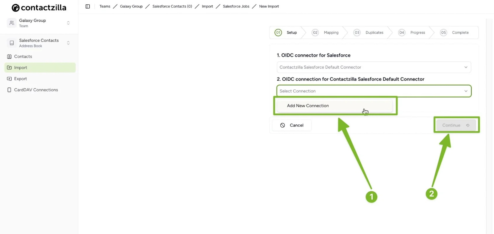 Select “Add New Connection” in Contactzilla to connect with Salesforce for importing contacts.