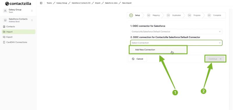 Select “Add New Connection” in Contactzilla to connect with Salesforce for importing contacts.