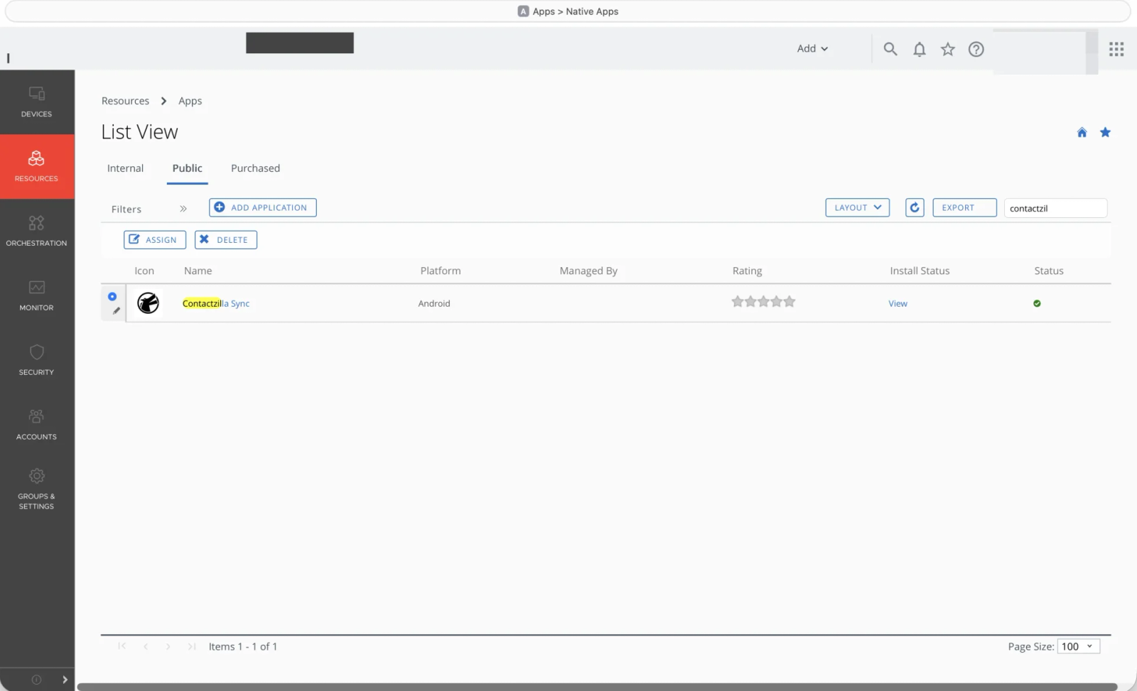 Workspace ONE Android apps list showing the Contactzilla Sync app available for deployment.
