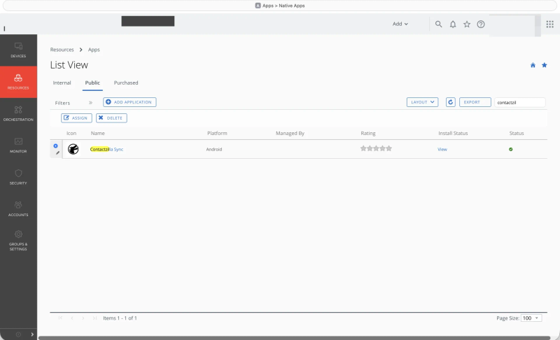 Workspace ONE Android apps list showing the Contactzilla Sync app available for deployment.