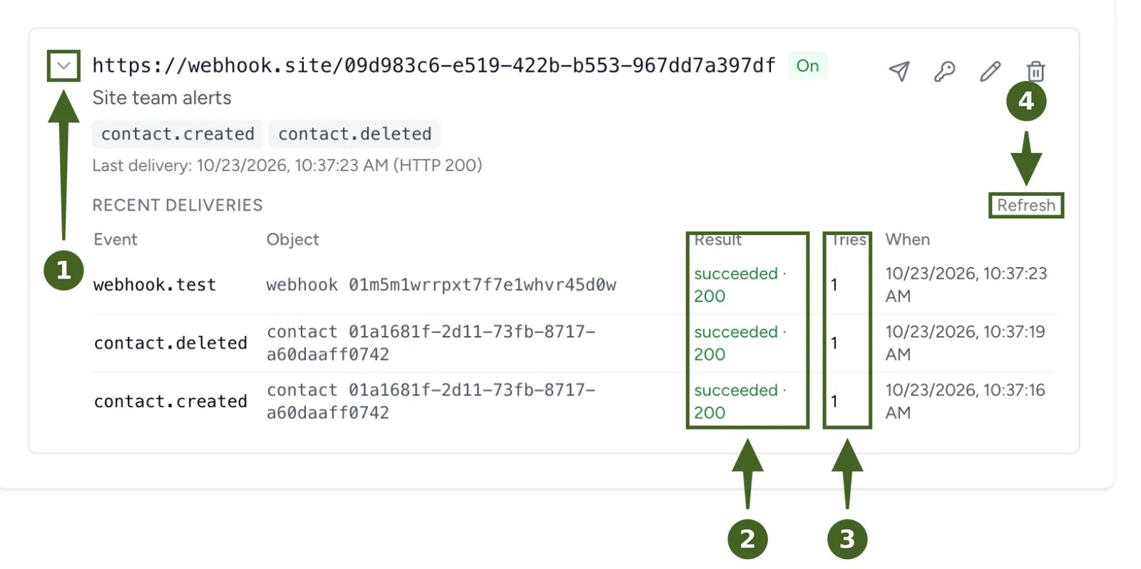 Contactzilla webhook expanded to show Recent deliveries, with webhook.test, contact.deleted and contact.created each succeeded with HTTP 200 on the first try.