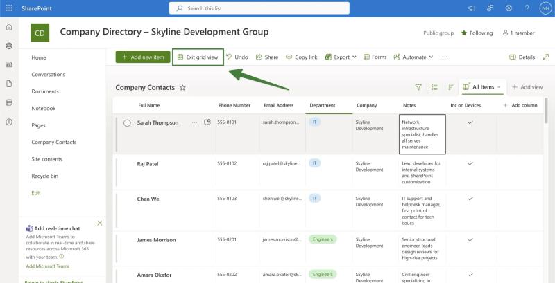 SharePoint list column settings menu displaying Rename option to change Title column to Full Name in contact list
