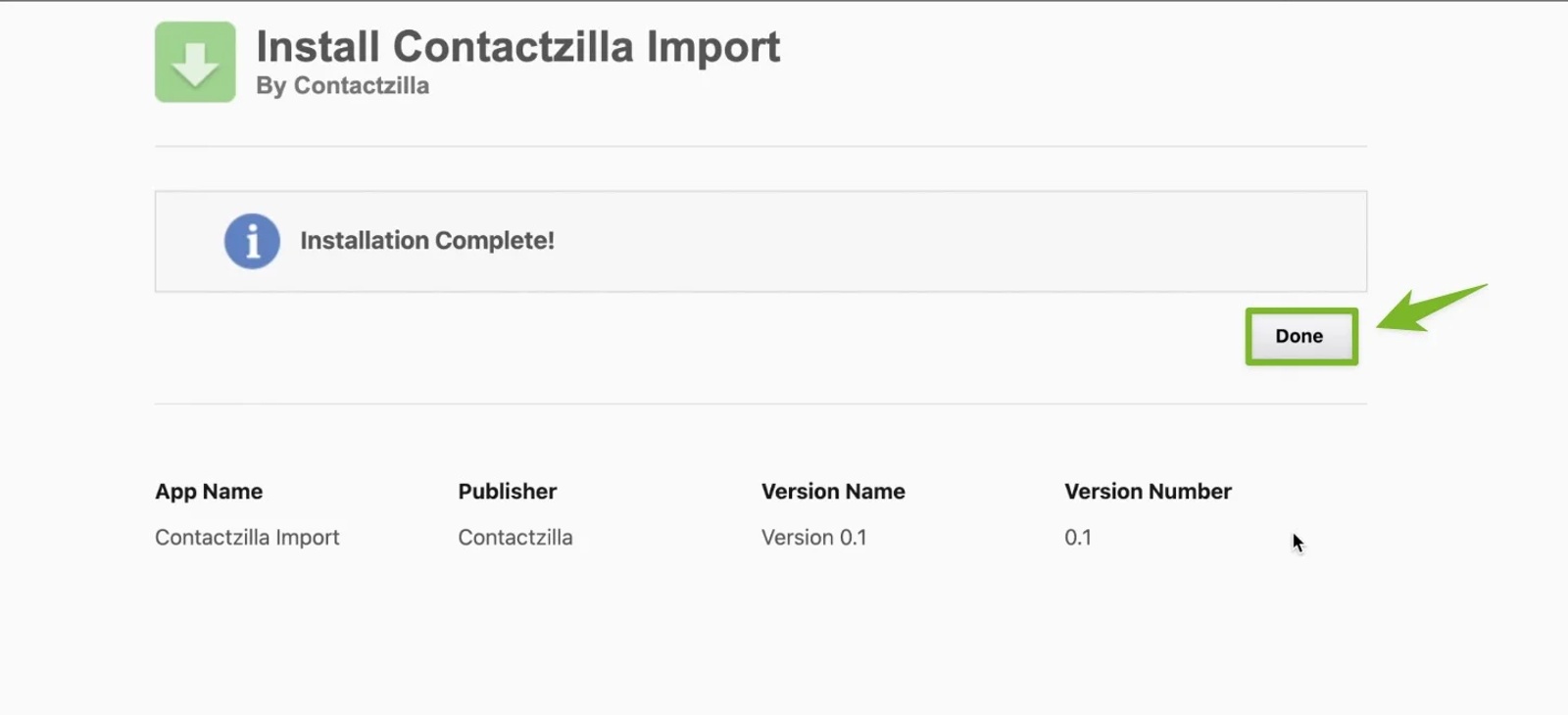 Salesforce install confirmation screen showing successful Contactzilla connector installation.