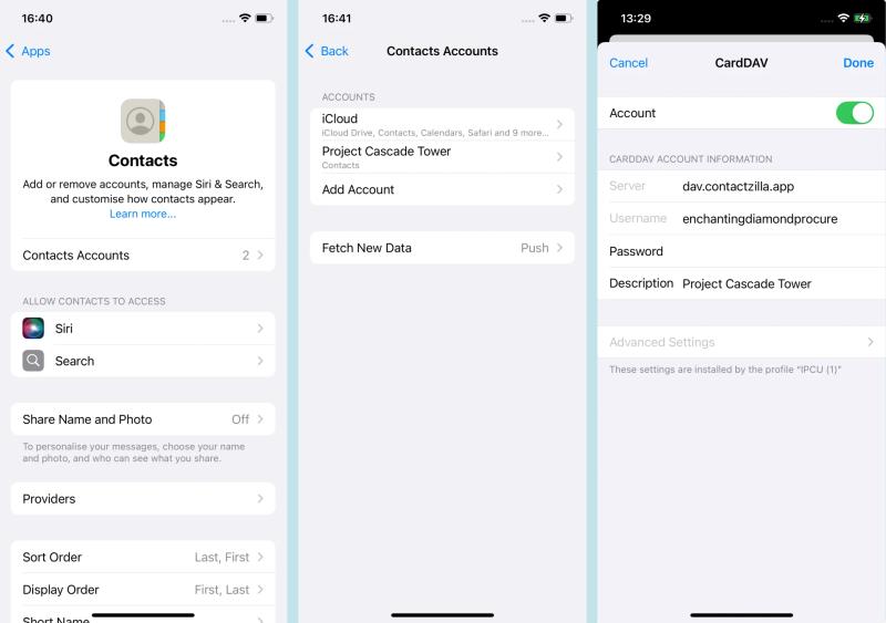 iPhone settings showing the Contactzilla CardDAV account successfully installed via IBM MaaS360.