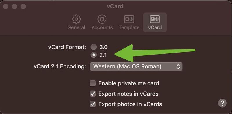Changing the default vCard number that will be exported from Mac Contacts.
