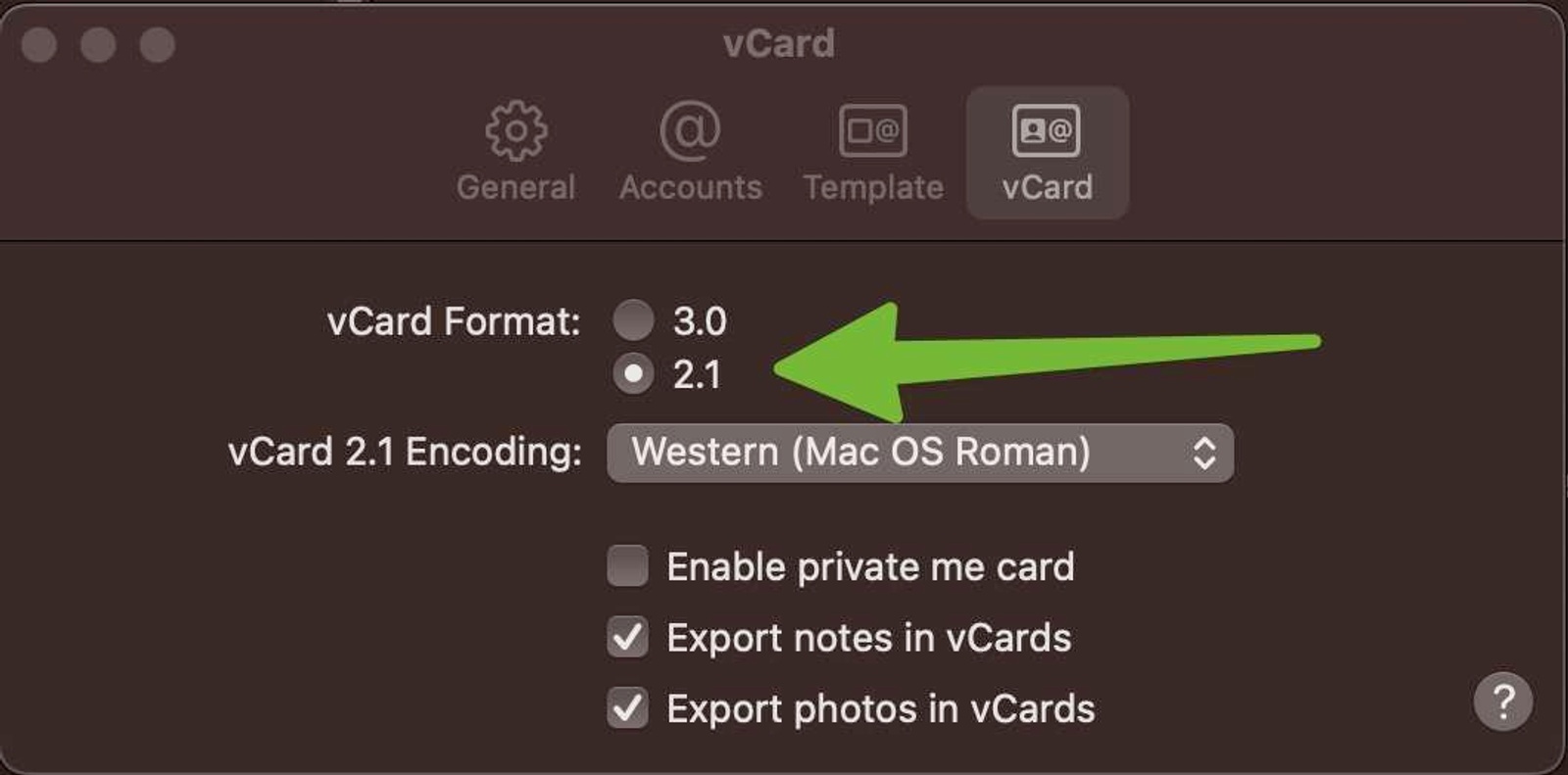 Changing the default vCard number that will be exported from Mac Contacts.