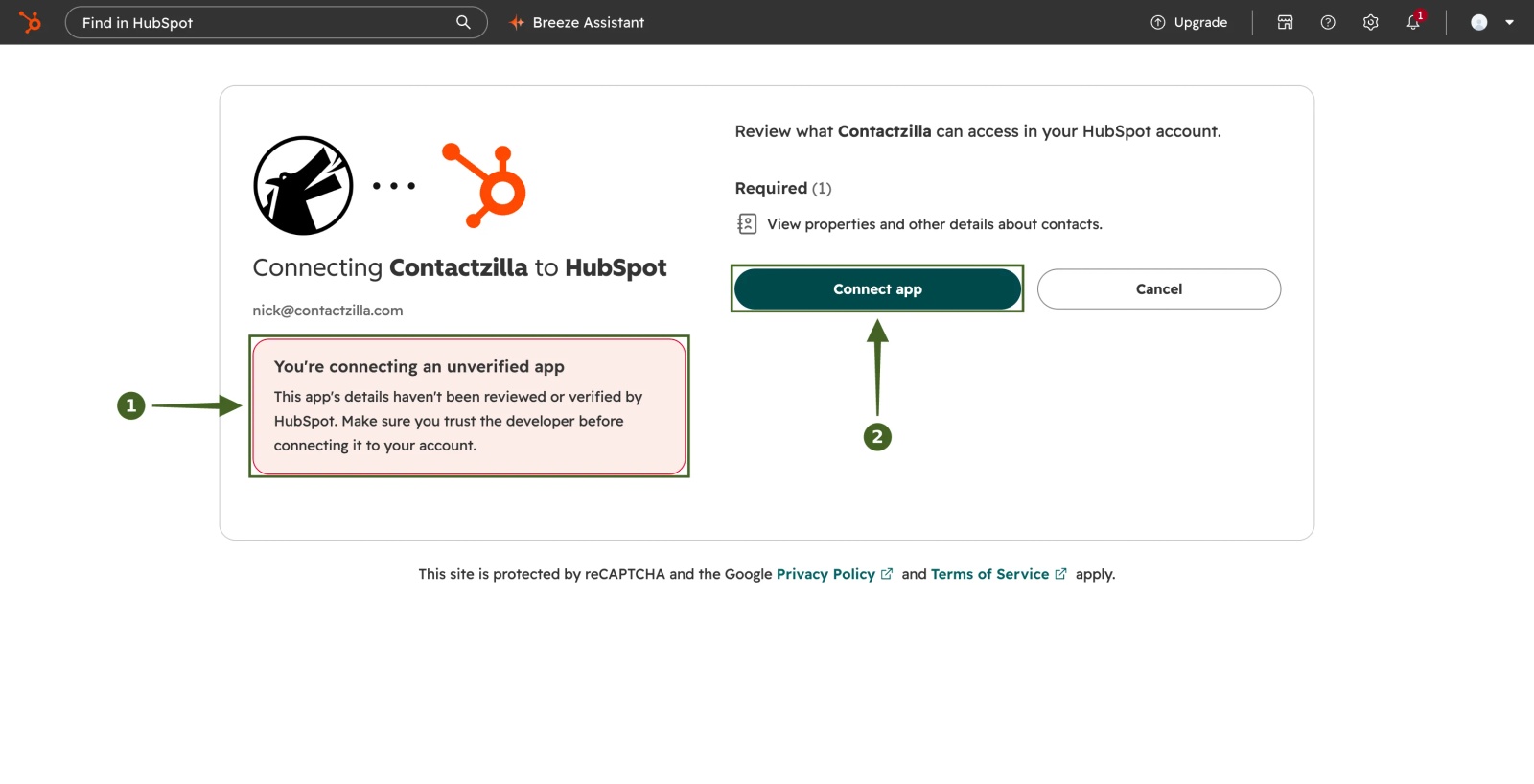 HubSpot You're connecting an unverified app warning, with the read-only contacts permission and the Connect app button
