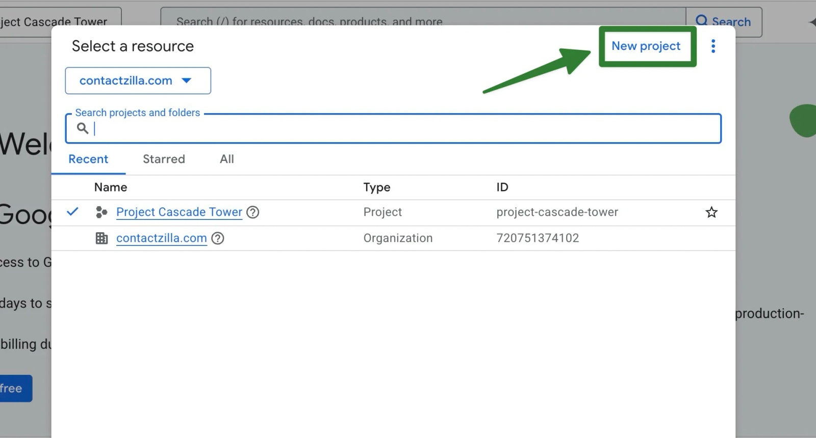 Google Cloud project selector window with the New Project button highlighted for starting a new Cloud Project.
