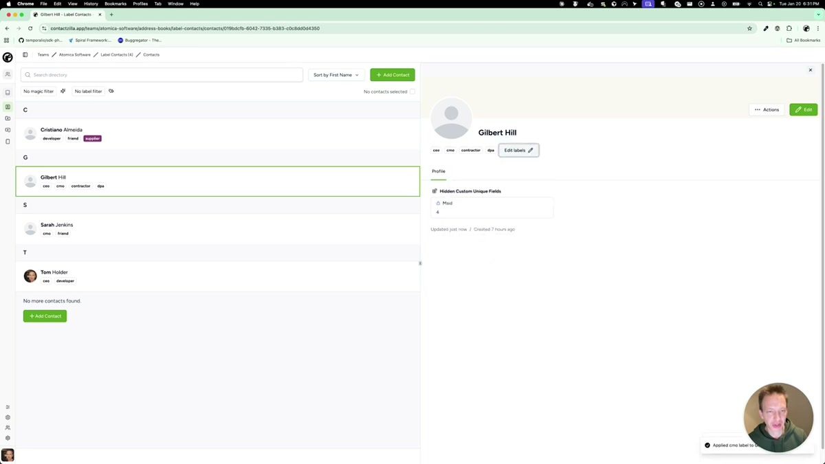 CSV export dialog in Contactzilla with label filter options for CEO and Developer