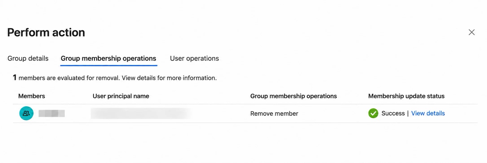 Entra Provision on demand group membership result listing each change and its success status; names blurred.