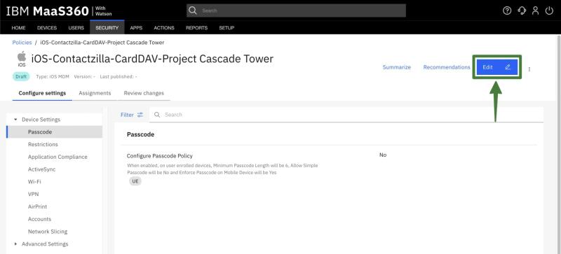 Editing the newly created Contactzilla CardDAV policy in IBM MaaS360 by selecting Edit under Configure settings.