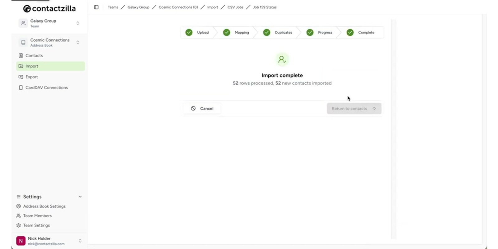 Contactzilla team view showing multiple address books including Internal Staff and Critical Partners under Skyline Development Group