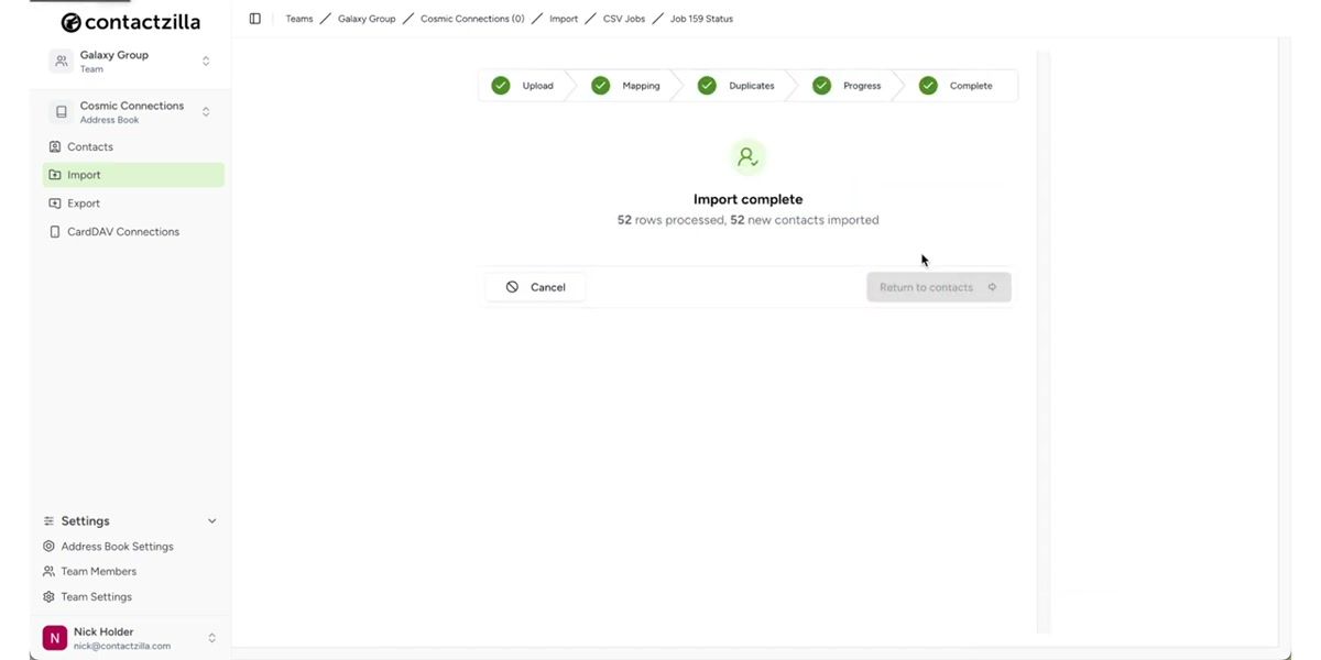Contactzilla team view showing multiple address books including Internal Staff and Critical Partners under Skyline Development Group